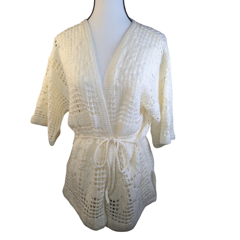 Vintage Bonnie Lee Crochet Kimono Cardigan Cream 3/4 Sleeve Women Cottagecore M
